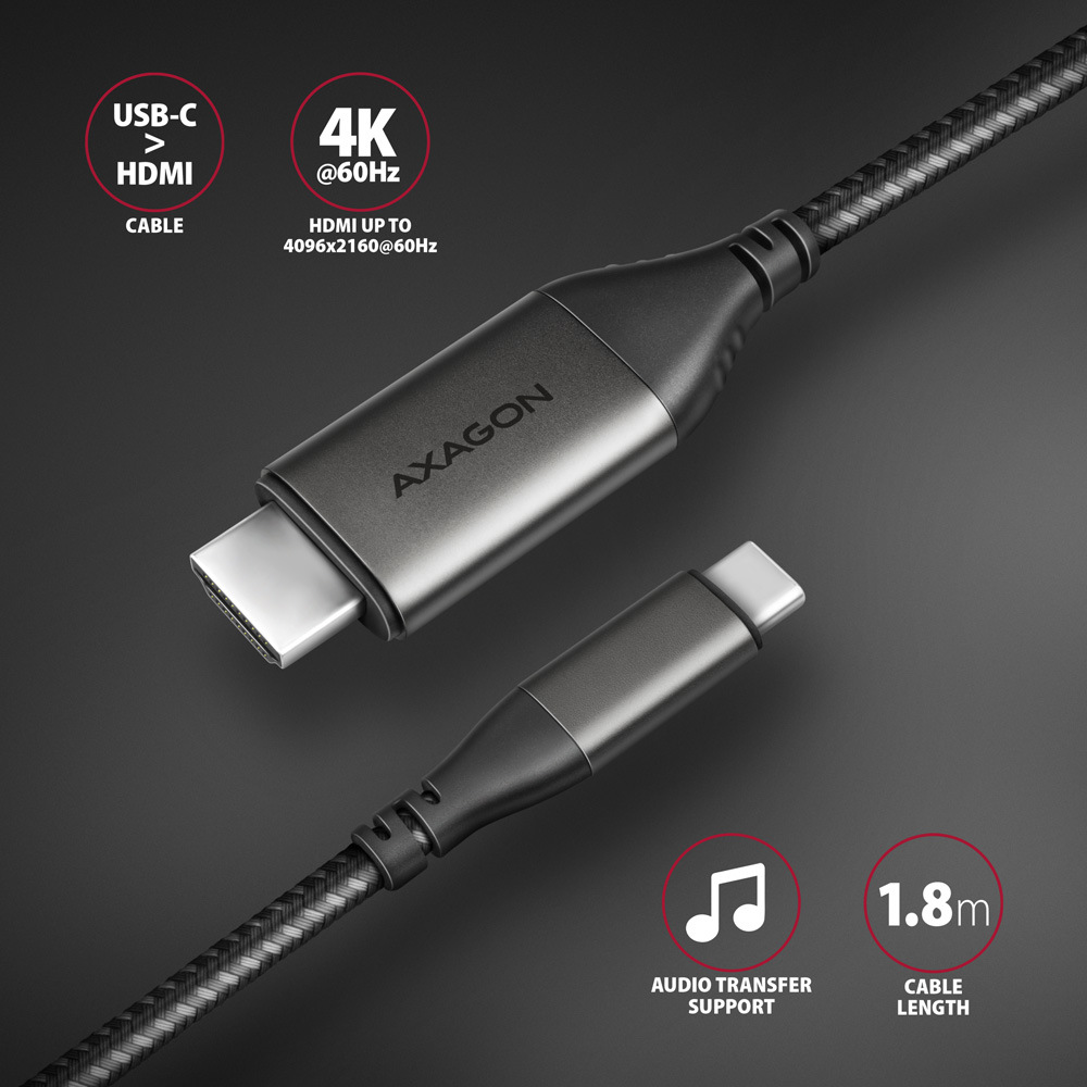 Kábel Axagon USB-C / HDMI 2.0, 1.8m, 4K/60Hz HDR10 čierny Kábel Axagon USB-C / HDMI 2.0, 1.8m, 4K/60Hz HDR10 čierny
