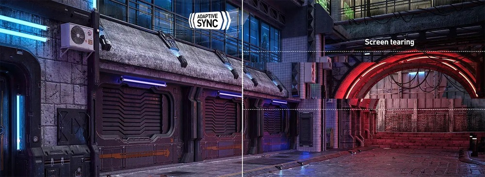 Herný monitor MSI MPG 274URDFW E16M čierny Rozdelený obraz zobrazuje sci-fi chodbu. Ľavá strana: plynulá, označená ako „Adaptívna synchronizácia“. Pravá strana: skreslená, označená ako „Trhanie obrazu“, čo zdôrazňuje vizuálne vylepšenie.