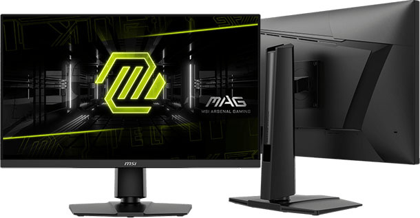 ¨Predný a bočný pohľad na herný monitor MSI MAG. Na obrazovke je zobrazený futuristický grafický motív so zelenými akcentmi a logom MAG. Elegantný a moderný design.