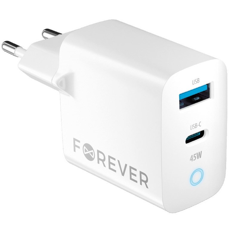 Nabíjačka do siete Forever GaN TC-06-45AC PD QC 1x USB-C, 1x USB, 45W biela