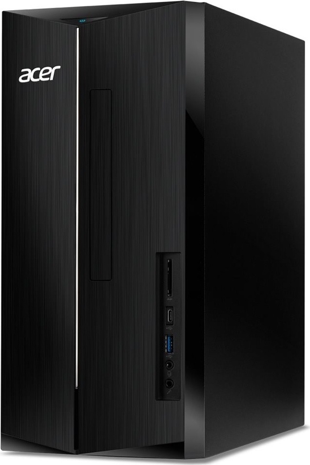 Stolný počítač Acer Aspire TC-1860 čierny Na obrázku je stolný počítač Acer Aspire TC-1860 v čiernom prevedení z predného šikmého pohľadu. Skriňa má jemne ryhovaný čelný panel, biele logo Acer a úzku striebornú zvislú linku. Uprostred je kryt optickej mechaniky. Na prednom paneli sú vidieť čítačka pamäťových kariet, port USB-C, jeden modro označený port USB-A a dva 3,5 mm audio konektory pre slúchadlá a mikrofón. Hore sa nachádza modro podsvietené tlačidlo napájania. Pravý bočný panel je hladký a bez výrazných prvkov.
