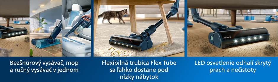 Tyčový vysávač Philips XC5244/10 5000 Series a detailné zábery na flexibilnú trubicu s ľad osvetlením