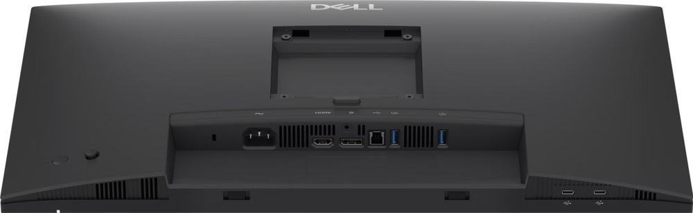 Šikmý horný pohľad na zadnú stranu monitora Dell Pro P2426H s úchytom stojana a zapusteným panelom s napájaním, HDMI, DisplayPortom, USB-B a dvoma USB-A; na spodnej hrane sú dva porty USB-C.