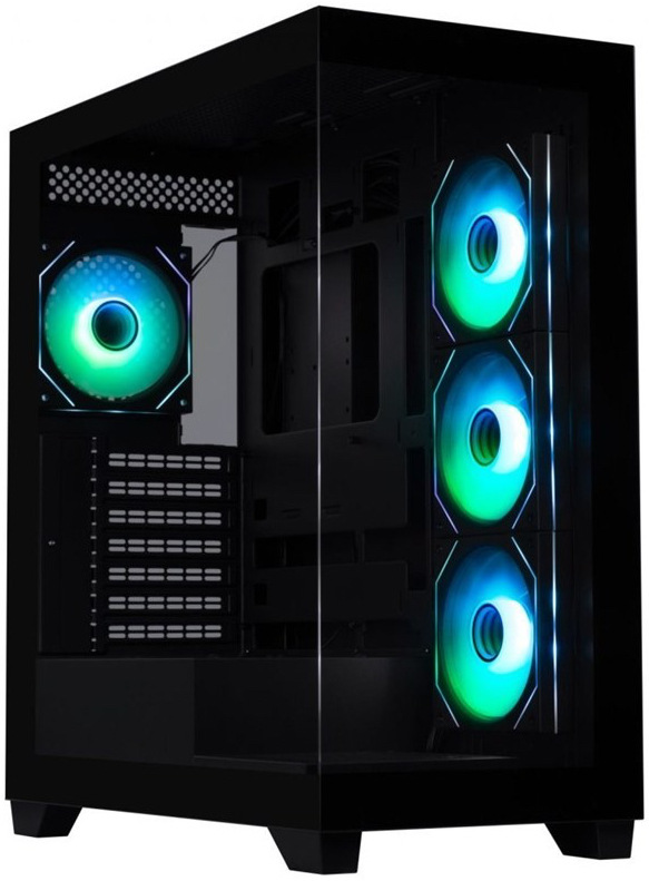 Na fotke je čierna PC skriňa BitFenix ​​CETO/CETO Cube z pohľadu cez ľavý predný bok. Skriňa má „panoramatické“ presklenie – priehľadné čelo a ľavá bočnica z tvrdeného skla, takže je vidieť dovnútra. ARGB ventilátory svietia na pravom boku (vnútorné bočné pozície) a jeden je vidieť aj vzadu, takže podsvietenie vytvára výrazný svetelný efekt aj pri pohľade z rohu skrine.