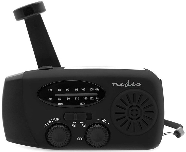 Rádioprijímač Nedis RDFMCR2000 čierny Núdzové rádio Nedis RDFMCR2000BK v čiernej farbe s kľukou pre ručné nabíjanie a FM/AM príjmom.