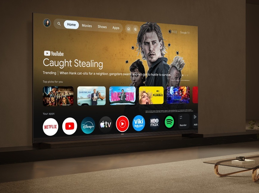 Televízia TCL 98X11L s rozhraním Google TV ponúka prehľadné prostredie pre streamovacie aplikácie, filmy a personalizovaný obsah na veľkej obrazovke.