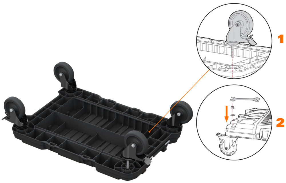 Montáž štyroch koliesok k spodnej strane vozíka Keter ROC Pro Gear 2.0 262828″ width=