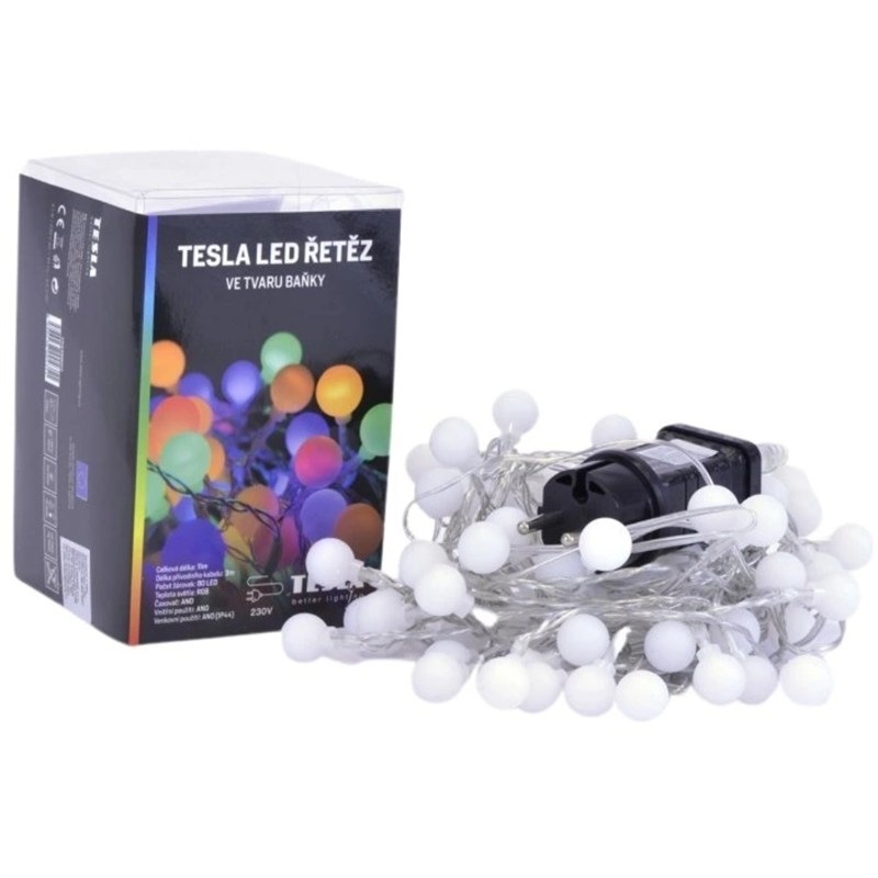 Vianočné osvetlenie Tesla Lightning dekoratívna reťaz banka, 80 LED, RGB, 230V, 8m + 3m kábel, časovač, IP44