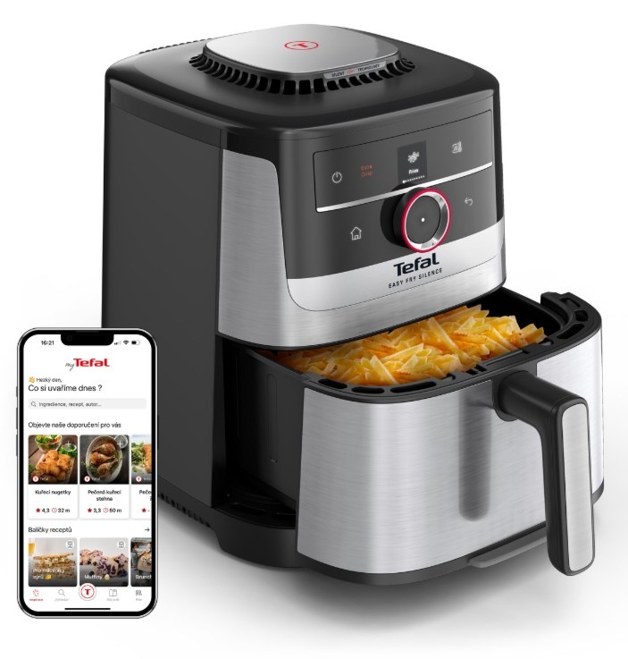 Fritéza teplovzdušná Tefal Easy Fry Smart&Silence EY572DE1, 5 l čierna/nerez Fritéza teplovzdušná Tefal EY572DE1 Easy Fry Smart&Silence 5 l a vedľa nej mobil s mobilnou aplikáciou