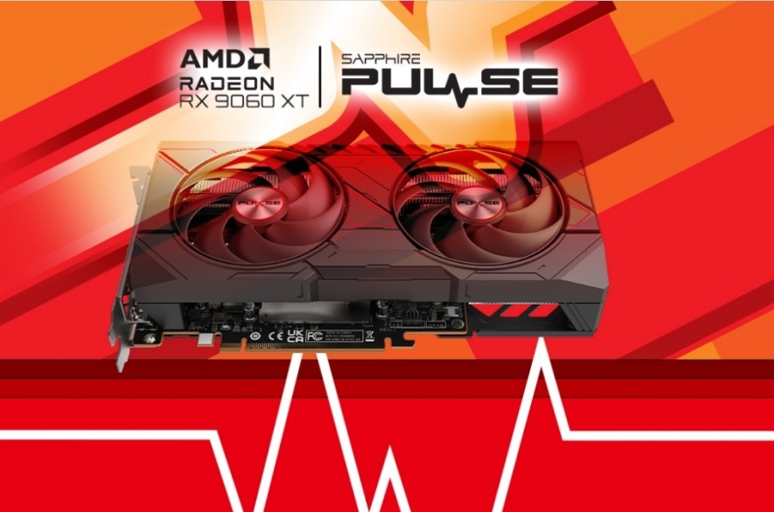 Sapphire Pulse Radeon RX 9060 XT 16GB v dynamickej červenej grafike zdôrazňujúcej herný výkon