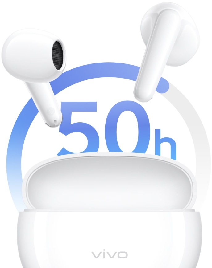 Slúchadlá vivo Buds Air3 biela Detail slúchadiel Vivo Buds Air3 a nabíjacieho puzdra poskytujúceho výdrž až 50 hodín