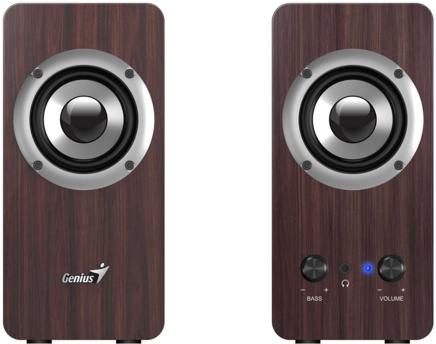 Reproduktory Genius SP-HF400 Dark wood hnedé Detail ovládania hlasitosti, regulácia basov a slúchadlového výstupu Genius SP-HF400