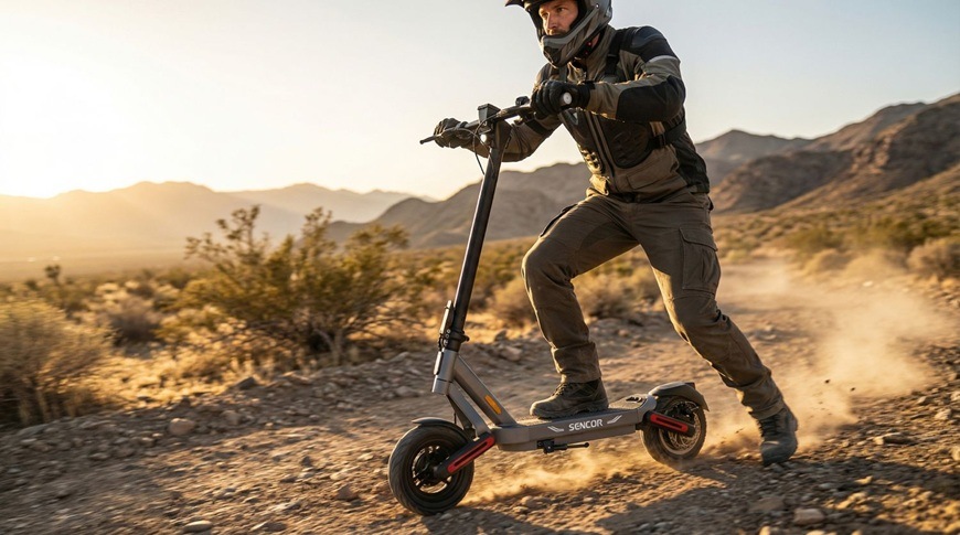 Elektrická kolobežka Sencor SCOOTER S71 LIGHT biela Elektrická kolobežka Sencor SCOOTER S71 LIGHT pri jazde v náročnom teréne s jazdcom v ochrannej helme.