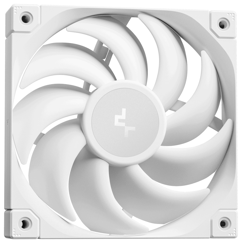 Vodný chladič DeepCool MYSTIQUE 360 biely Na obrázku je samostatný biely ventilátor pre počítačové chladenie. Má štvorcový rám, v rohoch montážne otvory a uprostred okrúhly stred s logom DeepCool. Z neho vychádza niekoľko širokých zakrivených lopatiek, ktoré sú navrhnuté na prúdenie vzduchu. Celý ventilátor pôsobí jednoducho, moderne a technicky čisto.