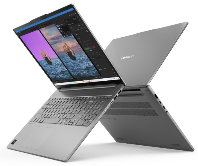 Dva notebooky Lenovo IdeaPad Slim 5 16AKP10 s pohľadom na displej, veko a spodnú časť