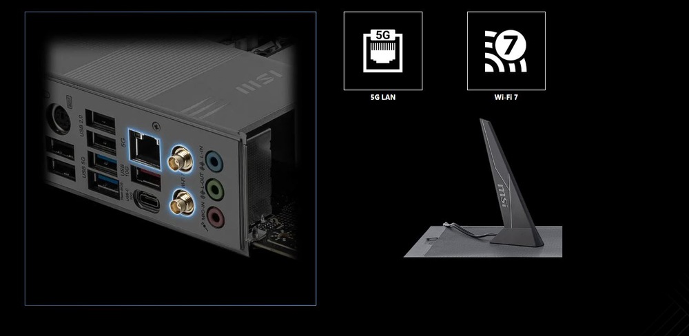 Detail zadných portov počítača s ethernetovými, USB a audio konektormi. Ikony zobrazujú 5G LAN a Wi-Fi 7. Na pravej dolnej strane vidíme anténu.
