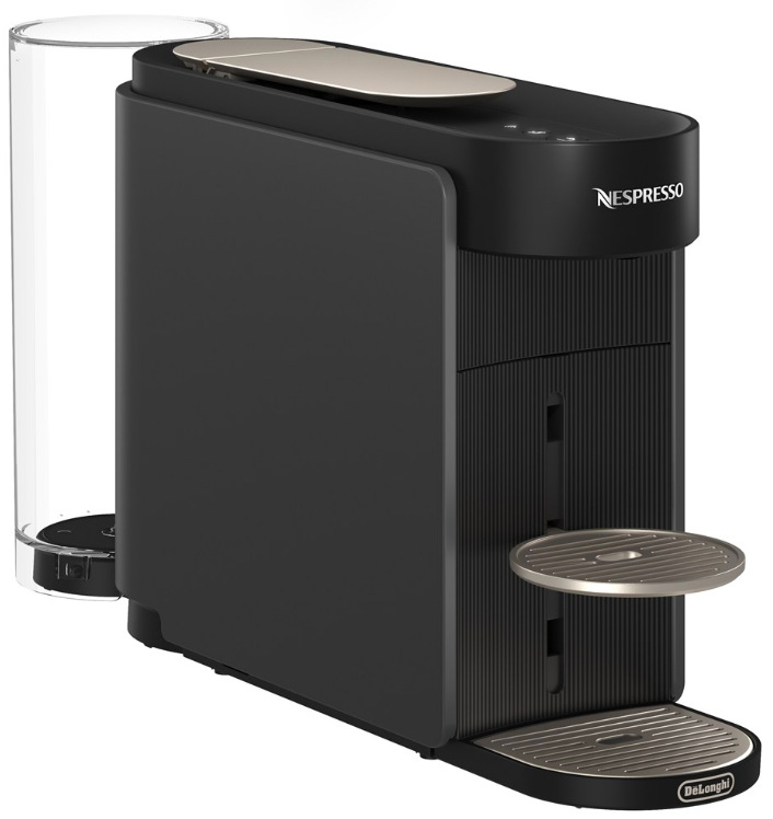 Kapsulový kávovar De'Longhi Nespresso Vertuo Up ENV200.GY antracitová farba Bočný pohľad na kapsľový kávovar DeLonghi Nespresso Vertuo Up ENV200.GY s odnímateľným zásobníkom vody