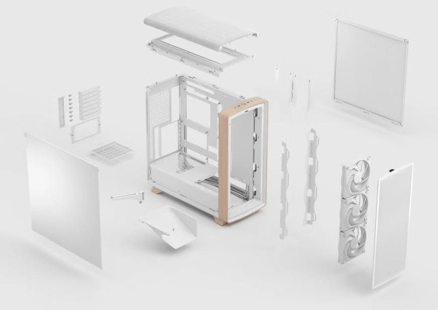 Case FRACTAL DESIGN Summit Chalk White Solid biela Rozložená konštrukcia skrine FRACTAL DESIGN Summit Chalk White Solid s panelmi, ventilátormi, držiakmi a filtrami