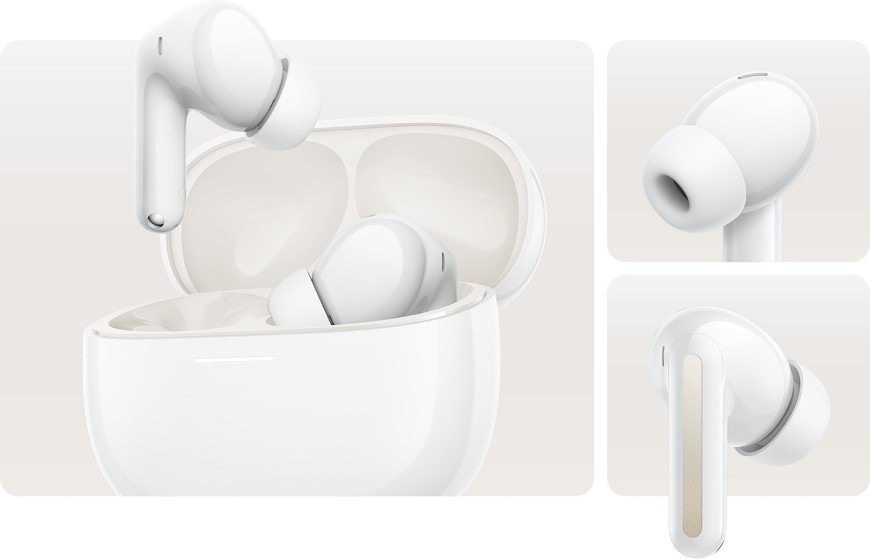 Detail slúchadiel Xiaomi REDMI Buds 8 v puzdre, detail nadstavca do ucha a zadnej strany slúchadla