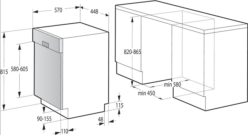 Umývačka riadu Gorenje Advanced GI561D10S PowerDrive Umývačka Gorenje GI561D10S, tu nájdete nákres s rozmermi umývačky