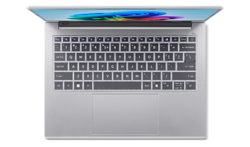 Notebook Acer Aspire 14 AI (A14-61M-R5VQ) strieborný Pohľad zhora na klávesnici notebooku Acer Aspire 14 AI (A14-53M-77BU)
