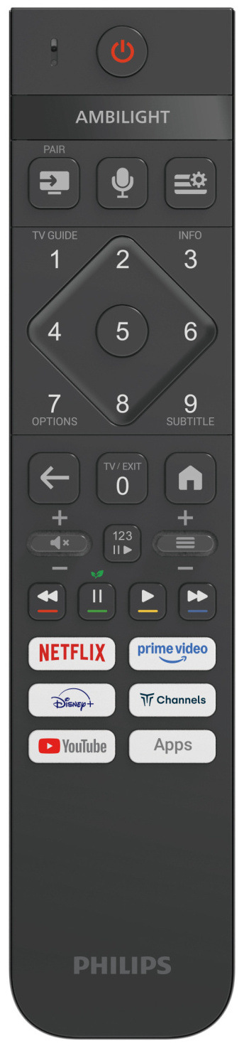 Detail diaľkového ovládača televízie Philips s tlačidlami pre Netflix, Disney+ a Prime Video.