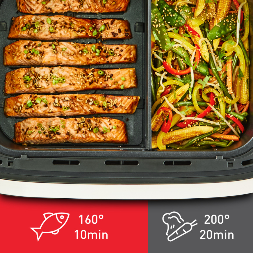Dva pokrmy pripravované súčasne vo fritéze Tefal EY922DE0 Dual Easy Fry Flex