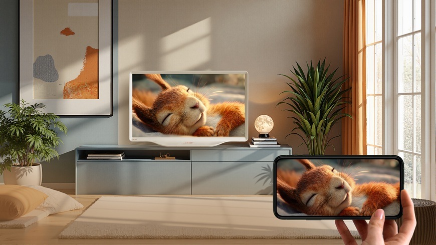 Televízor Hisense 32S5Q SMART televízia Hisense 32S5Q s funkciou zrkadlenia obrazu zo smartfónu v modernom interiéri.