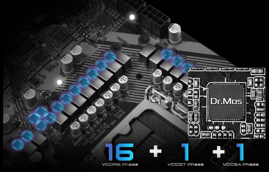 Základná doska ASRock Z890 PRO RS Detail napájacej kaskády základnej dosky ASRock Z890 PRO RS s 16+1+1 fázami a technológiou Dr.MOS
