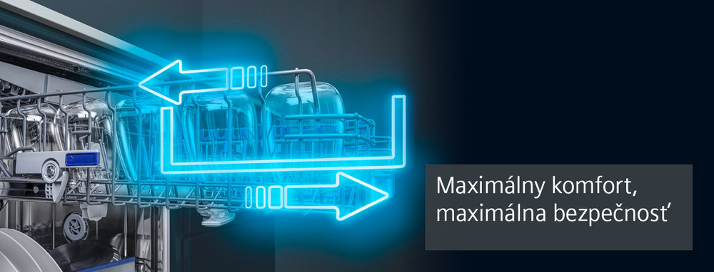 Umývačka riadu Siemens iQ500 SN65ZX17CE Zeolith® Detailné zobrazenie výsuvného horného koša a možnosti flexibility s nápisom: "maximálny komfort, maximálna bezpečnosť"