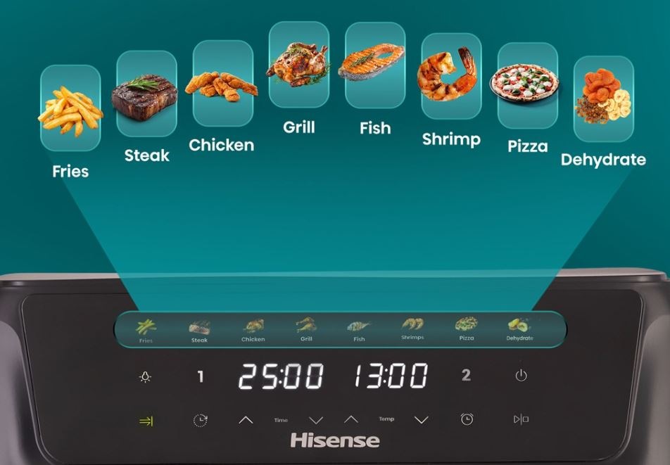 Fritéza teplovzdušná Hisense HAF2700DCD čierna detailné zobrazenie 8 prednastavených programov pre teplovzdušnú fritézu Hisense