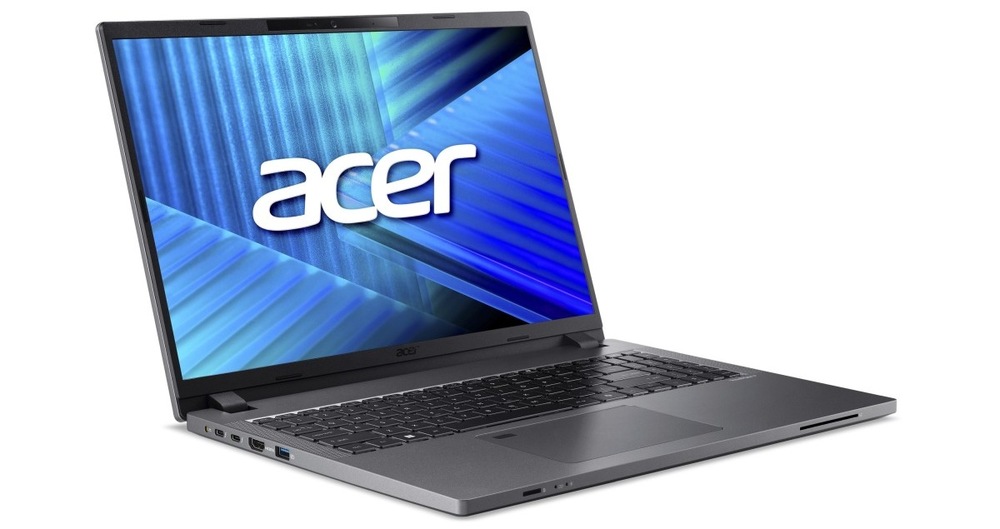 Notebook Acer TravelMate P2 16 (TMP216-71-G3-TCO-53AR) sivý Otvorený a zapnutý notebook Acer TravelMate P2 16 otočený doprava