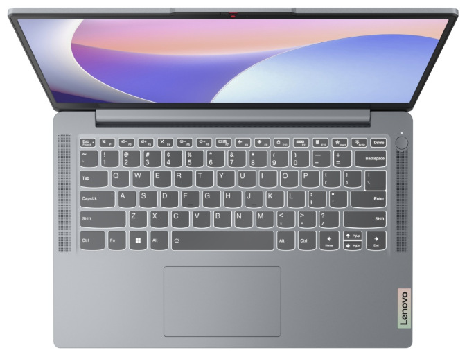 Notebook Lenovo IdeaPad Slim 3 14AMN8 sivý Pohľad zhora na klávesnicu, touchpad a otvorený displej notebooku Lenovo IdeaPad Slim 3 14AMN8