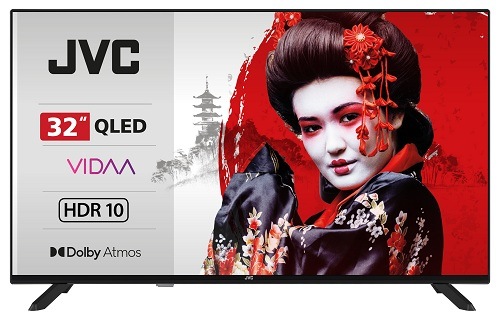 Televízia JVC LT-32VQF553D s QLED, operačným systémom VIDAA, 144 Hz DLG a zvukom Dolby Digital Plus. Na ľavej strane obrazovky sú kľúčové parametre a vpravo je zobrazená žena v tradičnom japonskom kimone s výrazným make-upom, podčiarkujúca kvalitu obrazu