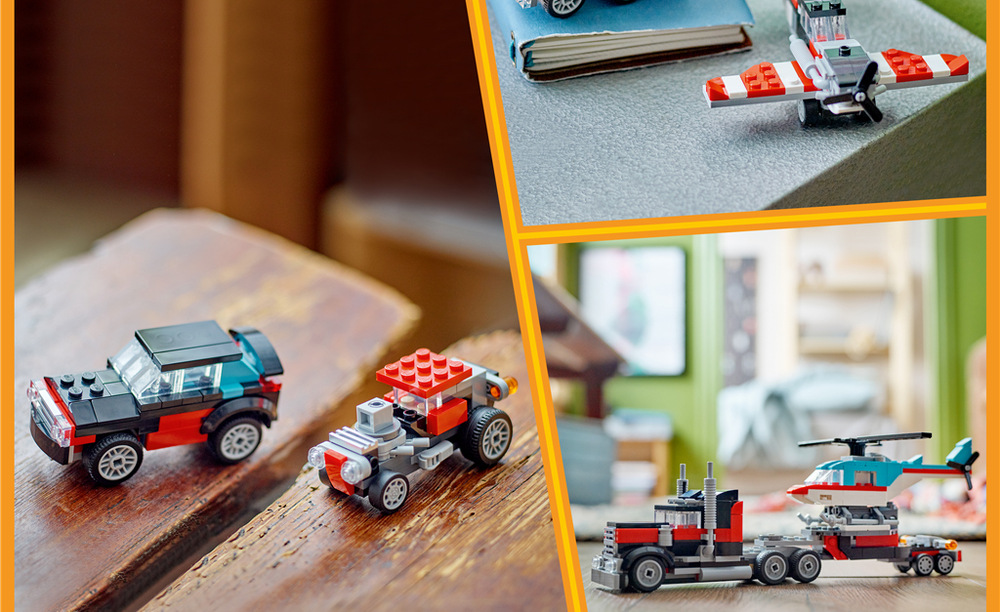 Stavebnica LEGO® Creator 3 v 1 31146 Náklaďák s plochou korbou a helikoptéra Rad LEGO Creator 3 v 1 ponúka tri dvojice vozidiel, ktoré je možné z rovnakých kociek postupne prestavovať.