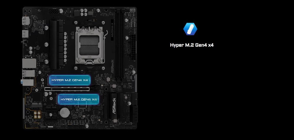 Základná doska ASRock A620AM-X čierna Základná doska ASRock s označenými slotmi Hyper M.2 a Ultra M.2 SSD na čiernom pozadí.
