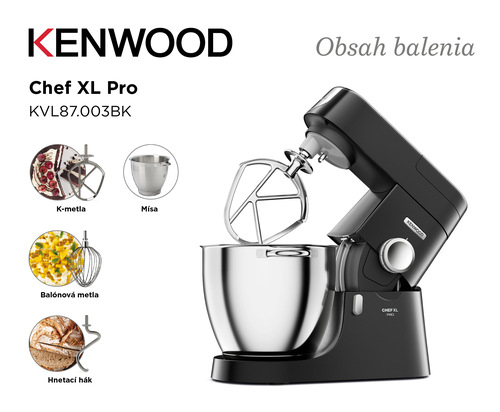 Kuchynský robot KENWOOD Chef XL Pro KVL87.003BK čierny Obsah balenia zobrazuje čierny kuchynský robot Kenwood Chef XL Pro spolu s príslušenstvom, ktoré zahŕňa nerezovú misu, K-metlu, balónovú metlu a hnetací hák.