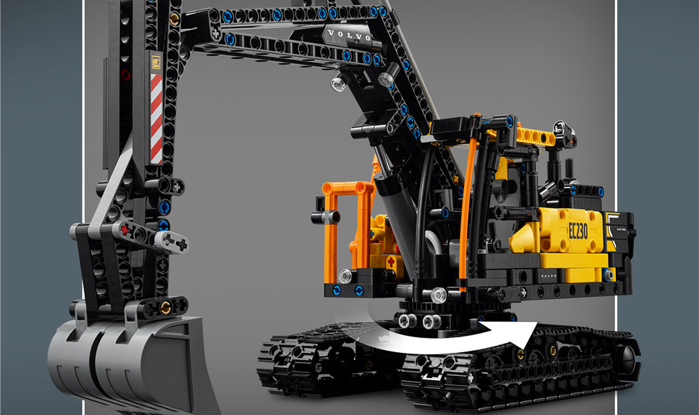 Stavebnica LEGO® Technic 42175 Nákladní auto Volvo FMX a elektrický bagr Volvo EC230 Volvo FMX s plochou korbou a rampou umožňuje prepraviť elektrický bager na stavenisko a odhaliť funkčný motor.