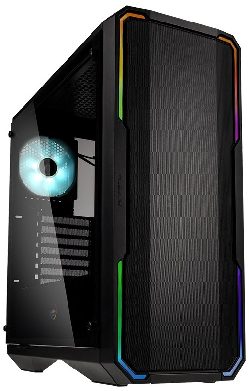 Case BitFenix Enso Mesh čierna Pohľad na skriňu cez ľavý predný roh, vidíme vnútro skrine so ventilátorom RGB. Rovnako vidíme mriežky vetrania vzadu a dekoračné linky na predku skrine.