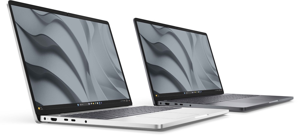 Notebook Dell Pro 16 PC16255 sivý Dva elegantné notebooky v bočnom pohľade, jeden strieborný a jeden tmavosivý, s abstraktnými vlnitými vzormi na obrazovkách, ktoré navodzujú moderný a profesionálny dojem.