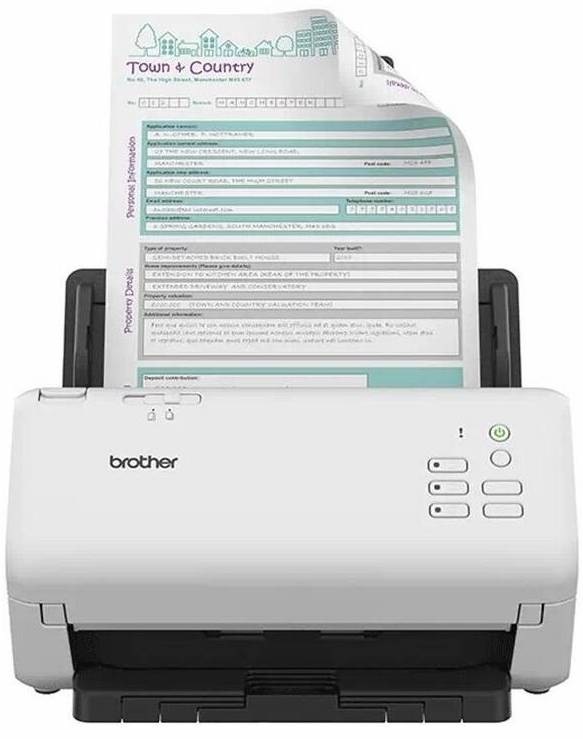 Stolový skener Brother ADS-4300N v bielej farbe s automatickým podávačom dokumentov a vloženým formulárom A4