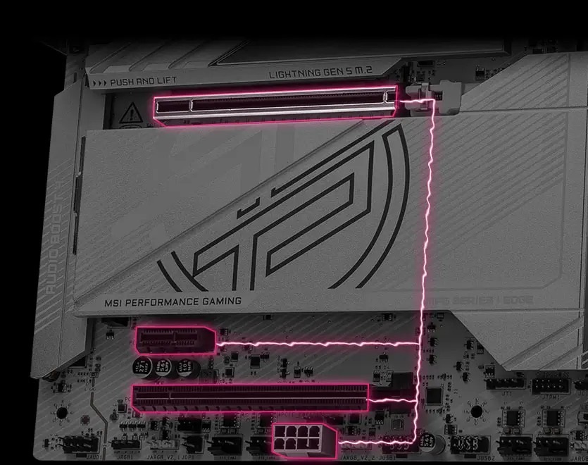 Základná doska MSI MPG Z890 EDGE TI WIFI Detailný záber základnej dosky MSI s osvetlenými slotmi a portami v ružovej farbe, zdôrazňujúci herný výkon.