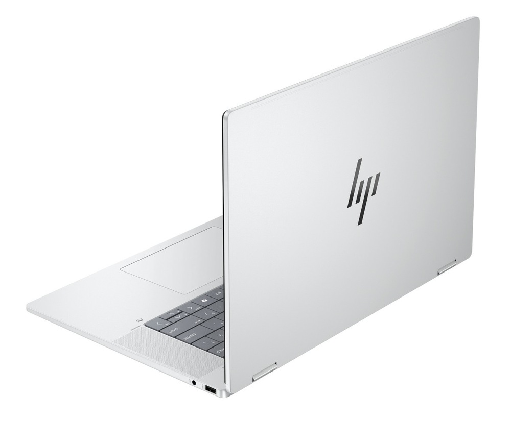 Notebook HP + Game Pass predplatné na 3 mesiace strieborný HP OmniBook X Flip AI 14-as0000nc otvorený zozadu