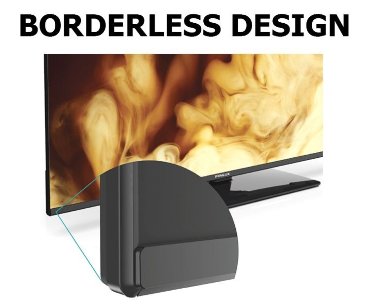 Detail hrany televízie Finlux s bezrámčekovým designom, nad televíziou ja nápis „Boderless design“ (bezrámčekový design)