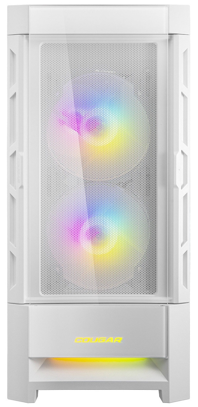 Case Cougar DUOFACE RGB biela Pohľad spredu na bielu skriňu, kde za predným panelom svietia dva veľké ARGB ventilátory. V spodnej časti je logo COUGAR.