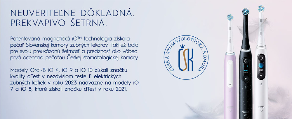 Obrázok elektrických zubných kefiek Oral-B iO zdôrazňuje ich presnosť, šetrnosť a ocenenia od stomatologických organizácií