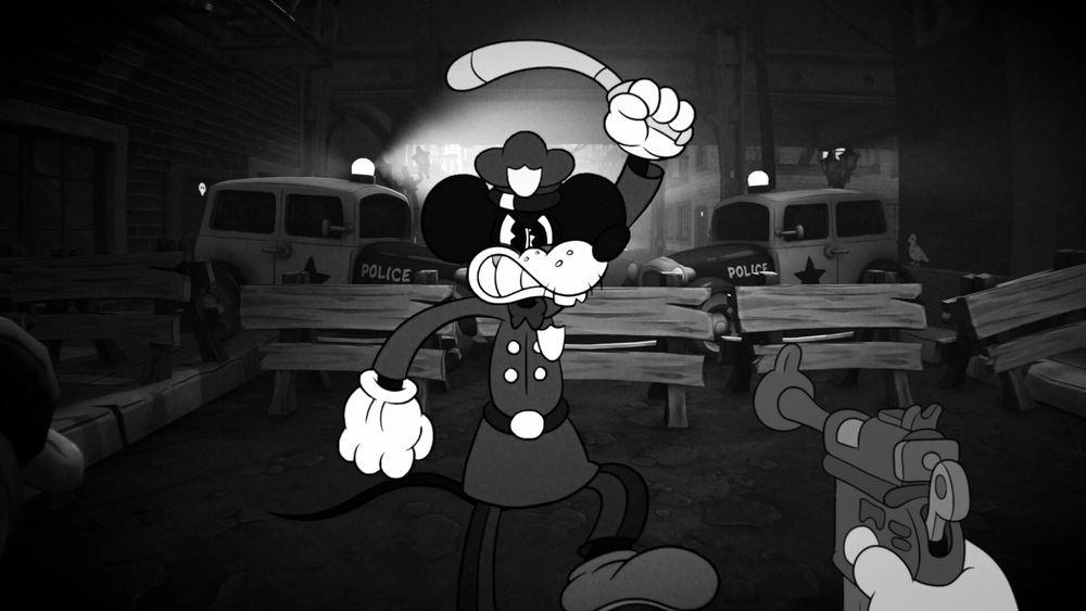 Čiernobiela karikatúra, na ktorej je vyobrazená myš prezlečená za policajta, ako nahnevane máva obuškom. V pozadí sú policajné vozidlá a zátarasy a vládne tam napätá atmosféra.