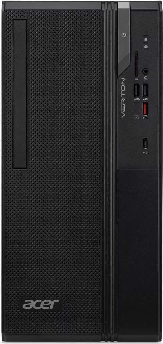 Stolný počítač Acer Veriton S2735G W FR300W 92+ čierny Na obrázku je stolný počítač Acer Veriton S2735G z čelného pohľadu. Čierna skriňa má veľký perforovaný predný panel s logom Acer v spodnej časti a úzku zvislú mechaniku vľavo. Vpravo je ovládací panel s tlačidlom napájania, čítačkou kariet, audio konektorom a niekoľkými USB portami vrátane USB-C.
