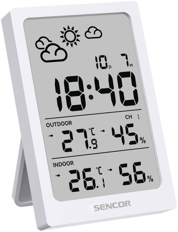 Meteorologická stanica Sencor SWS 2300 biela Detailný pohľad z boku na bielu meteostanicu Sencor s vyklopeným stojanom.