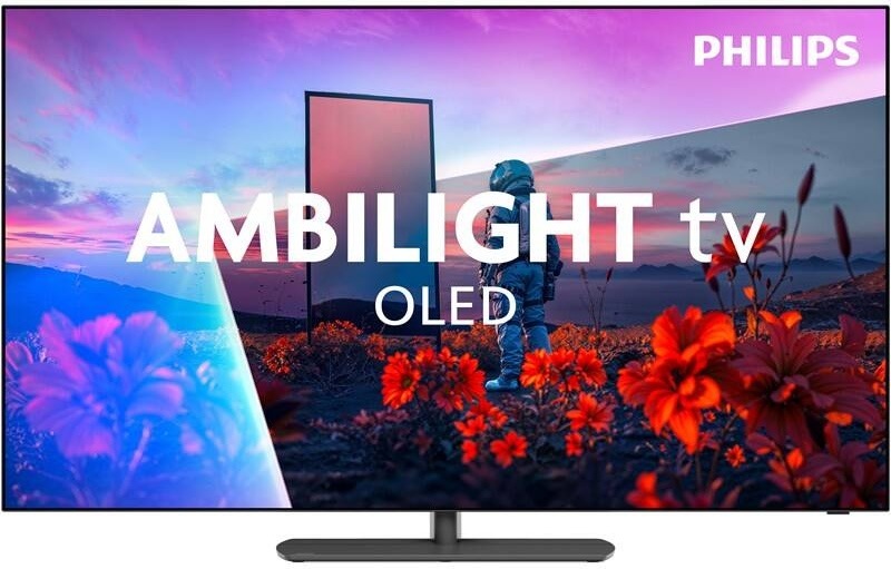 Čelný pohľad na Philips OLED811 so zapnutou obrazovkou a logom Ambilight TV.